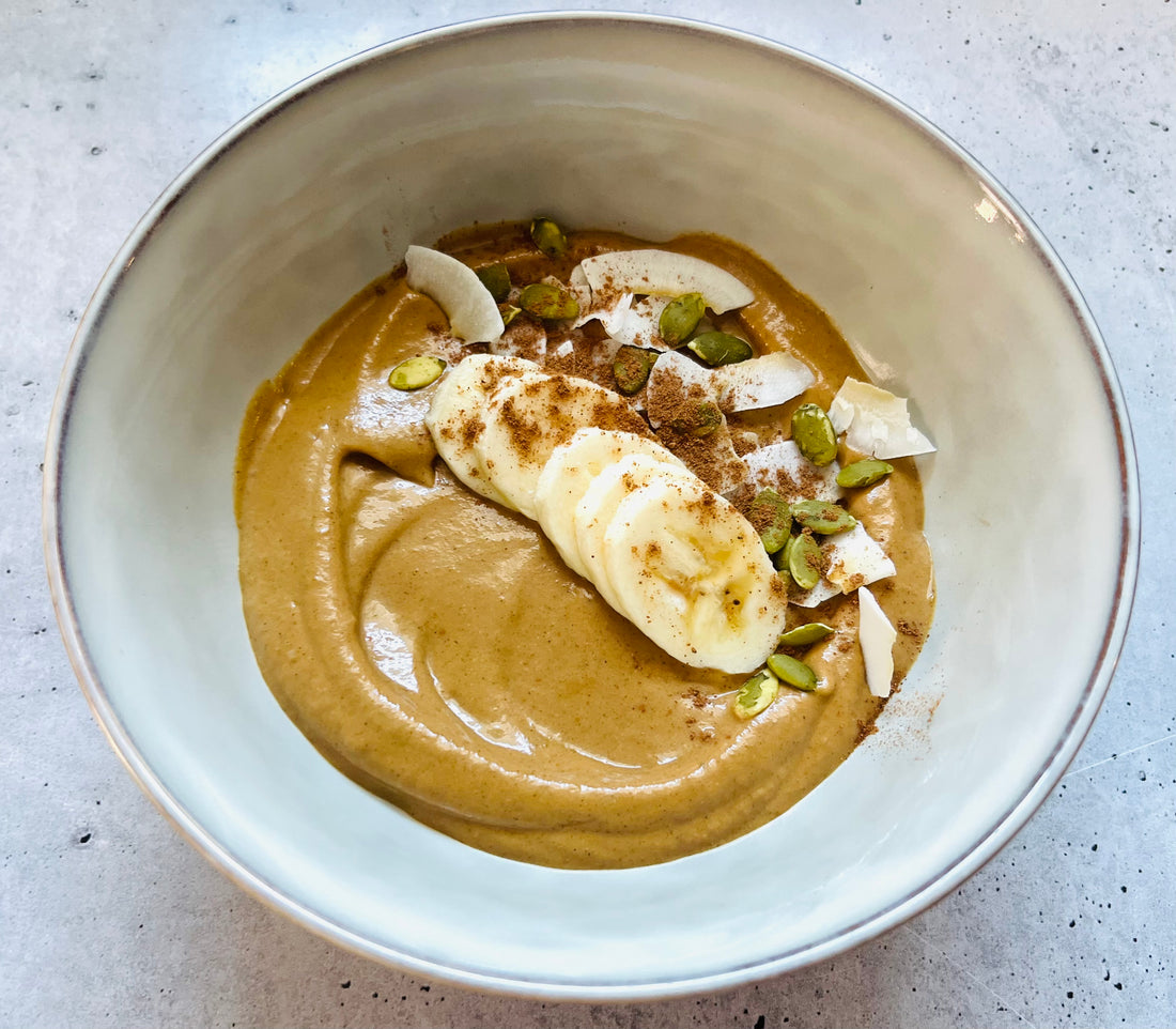 Nut free vegan Mother Butter healthy pumpkin pie smoothie bowl