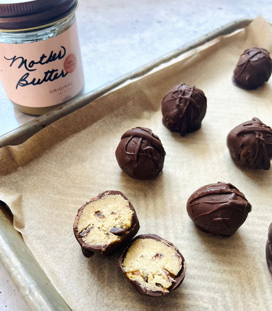 Nut free gluten free raw vegan Mother Butter chocolate covered cookie dough truffles