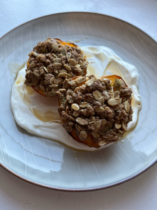 Air Fryer Peaches with MB Streusel